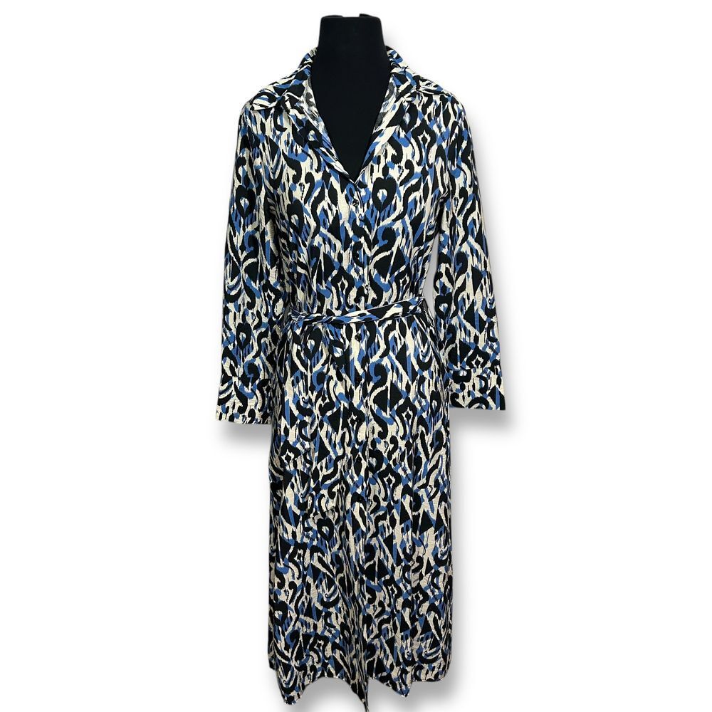 EUC Zara‎ Abstract Print Belted Shirt Dress Blue Black White Long Sleeve XS